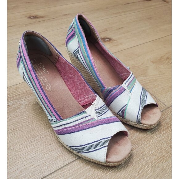 Toms Womens Wedge Sandals Peep Toe Colorful Stripe Espadrille Multicolor Size 8 - Picture 8 of 10